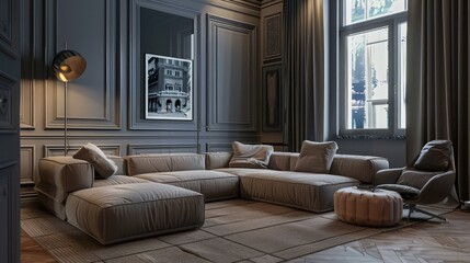 Comfortable sofa and armchair in stylish living room. Interior design