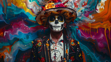  A man dressed in Dia de los Muertos attire, complete with a colorful hat on his head, set against a background of swirling colors, with white costume makeup on his face. 
