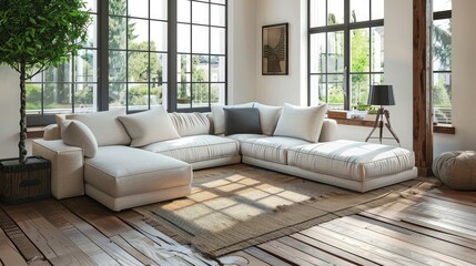 Fototapeta premium Elegant and comfortable designed living room with big corner sofa, wooden floor and big windows