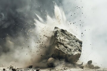 exploding rock boulder with dust cloud dynamic abstract texture - obrazy, fototapety, plakaty