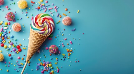 Ice cream waffle cone with colorful lollipop on stick, scattering of multicolored sweets and...
