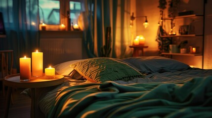 Interior of bedroom with green blankets on bed, burning candles and glowing lamp at night