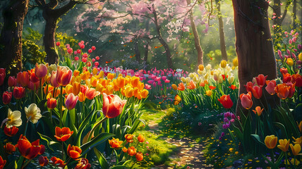  The vibrant hues of tulips and daffodils dancing in the sunlight, the melodious trill of songbirds in the trees, and the soft, velvety petals of spring blossoms. - obrazy, fototapety, plakaty