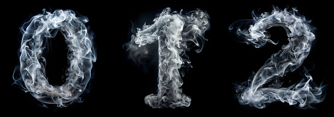 Numbers 0, 1, 2. White Smoke Alphabet on Black Background