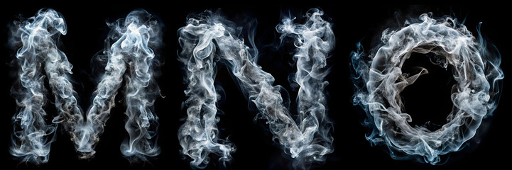 Letters M, N, O. White Smoke Alphabet on Black Background