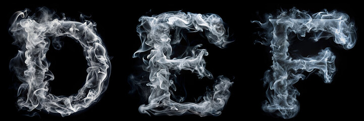 Letters D, E, F. White Smoke Alphabet on Black Background