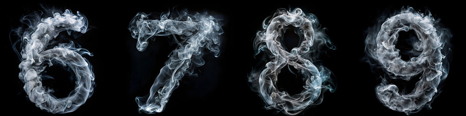 Numbers 6, 7, 8, 9. White Smoke Alphabet on Black Background