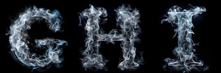 Letters G, H, I. White Smoke Alphabet on Black Background