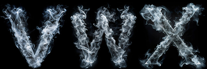 Letters V, W, X. White Smoke Alphabet on Black Background