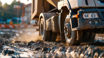 Mixer truck is transport cement to the casting place on building site,Selective focus.Concrete is flowing into the foundations of the building