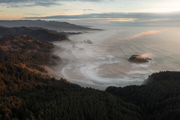 Elevated view of Myers Creek Beach inOregon with afternoon fog rolling in. - 786753955