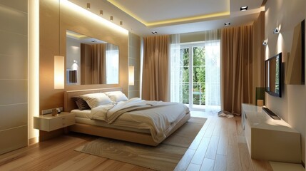 Modern interior of light bedroom with mirror