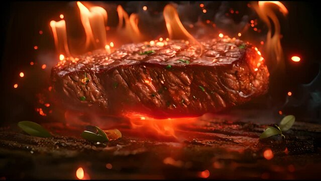 A photorealistic image of an oversized, juicy steak on fire against a dark background. The flames around the meat create dynamic patterns and light effects.