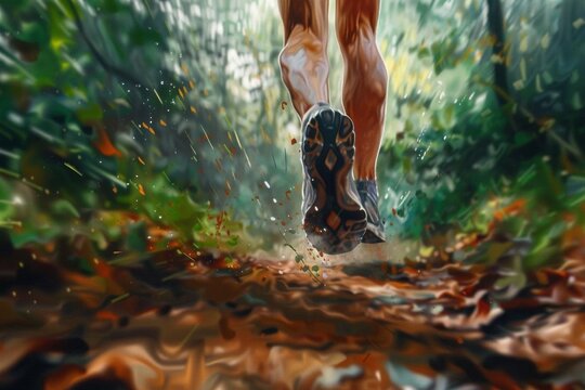 female trail runner in motion on forest path closeup of running shoes digital painting