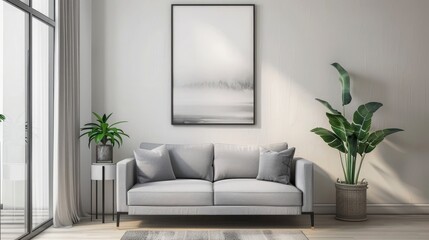 Poster above white cabinet with plant next to grey sofa in simple living room interior. Real photo