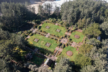 Beautiful english gardens in Shore Acres Oregon viewed from avobe - 786754377