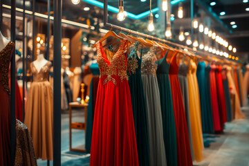 Collection of elegant evening dresses hanging on rack in luxury modern shop boutique. Dress rental for various occasions and events. Ball gown hire