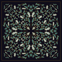 Dark color neck scarf with a stylized flowers. Vector design for a neckerchief, carpet, kerchief, bandana, rug. Golden contour elegance floral pattern. - 786754546