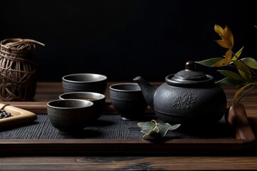 Japanese tea set on wooden tray. Black tea pot and cups.