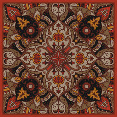 Brown and red neck scarf with a stylized elements. Vector design for a neckerchief, carpet, kerchief, bandana, rug. Traditional floral pattern. - 786754579