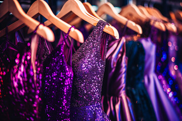 Collection of elegant evening dresses hanging on rack in luxury modern shop boutique. Dress rental for various occasions and events. Ball gown hire