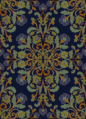 Blue and green vintage floral pattern. Traditional ornament for a carpet, textile and any surface. Ornamental backgroun with filigree details. - 786754596