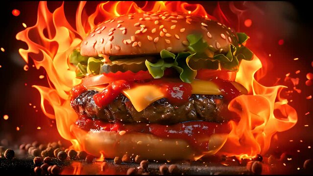 A juicy cheeseburger with flames and flying ingredients on a black background in the style of food advertising, ultrarealistic stock photography