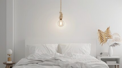 Simple bulb lamp on a rope hanging above bed with white bedclothes, books and gold fern leaf on an end table in white bedroom interior