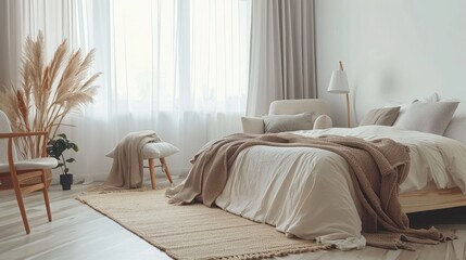 Simple design, ad, offer and modern home style. Double bed with pillows, soft blanket, carpet, lamp, armchair and furniture, on wooden floor. White wall, big window with curtains in bedroom interior
