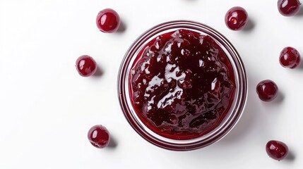 Small glass bowl of red berry jam isolated on white background, sweet cherry jam, top view