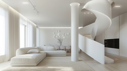 Spacious apartment in white with spiral stairs, pillar, led ceiling lights and simple living room