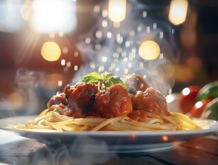 Spaghetti and Meatballs Tomato Sauce Pasta Plate Food Dinner Background Image	
 - obrazy, fototapety, plakaty