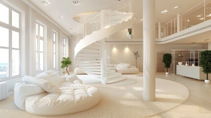 Spacious apartment in white with spiral stairs, pillar, led ceiling lights and simple living room
