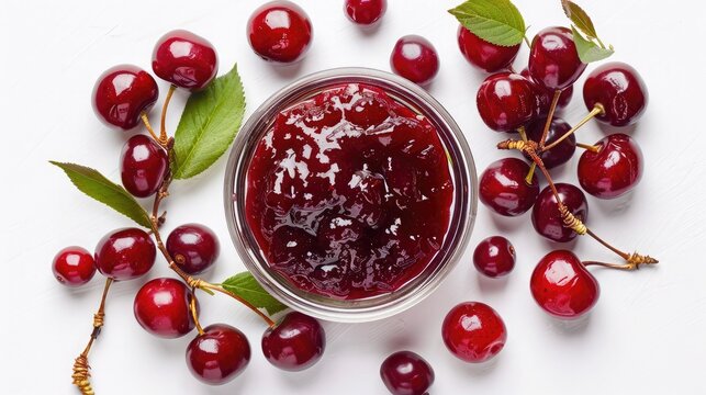 Small glass bowl of red berry jam isolated on white background, sweet cherry jam, top view