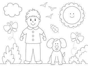 boy with dog coloring page for kids. you can print it on standard 8.5x11 inch paper