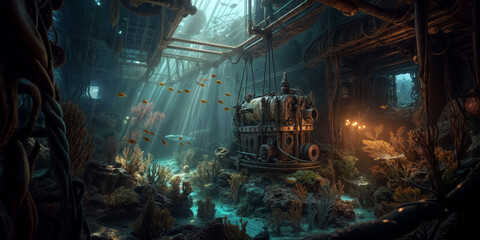 Underwater world. Fantasy fantasy landscape with an old ship