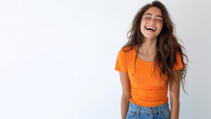 Obraz premium Hispanic woman wear orange shirt smiling laugh out loud isolated on grey