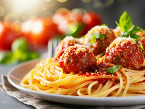 Spaghetti and Meatballs Tomato Sauce Pasta Plate Food Dinner Background Image	
