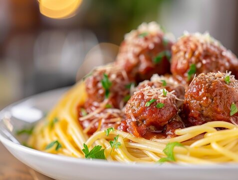 Spaghetti and Meatballs Tomato Sauce Pasta Plate Food Dinner Background Image	
