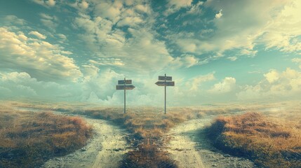 Surreal landscape with a split road and signpost arrows showing two different courses left and right direction to choose Road splits in distinct direction ways Difficult decision choice concept - obrazy, fototapety, plakaty