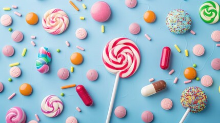 Sweet lollipop and colorful chocolate candy pills on blue background. - obrazy, fototapety, plakaty