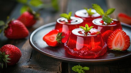 Tasty strawberry jelly and ripe strawberries on plate on a dark wooden table. Selective focus - obrazy, fototapety, plakaty