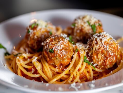 Spaghetti and Meatballs Tomato Sauce Pasta Plate Food Dinner Background Image