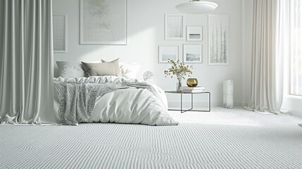 Vase on metal table and grey lamp in spacious bedroom with white carpet and gallery on wall above bed