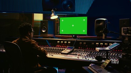 African american sound engineer working in control room with mixing console, tracking music and...