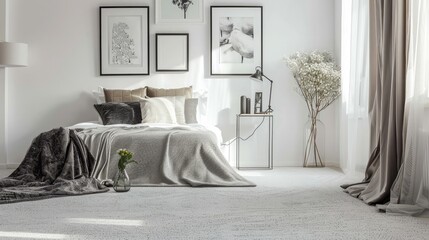 Vase on metal table and grey lamp in spacious bedroom with white carpet and gallery on wall above...