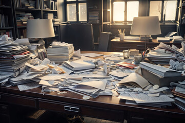 Messy office desk with piles of papers and folders on it.