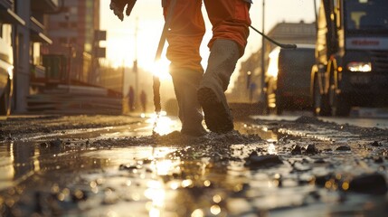 A construction worker pouring a wet concret at road construction site