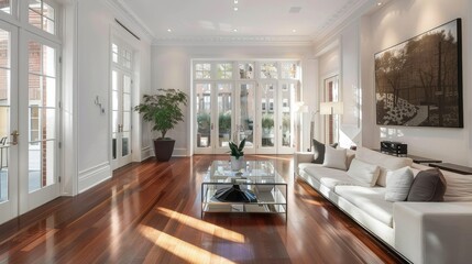 a living room with wood flooring and white walls, including a glass coffee table on the right hand side