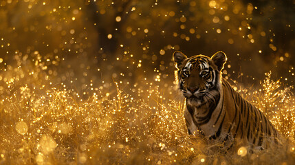 Tiger walk during the golden light time. - obrazy, fototapety, plakaty